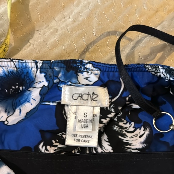 Caché Vintage Cobalt, Navy, Black & White Floral Top w/ Jeweled Straps - Picture 11 of 12